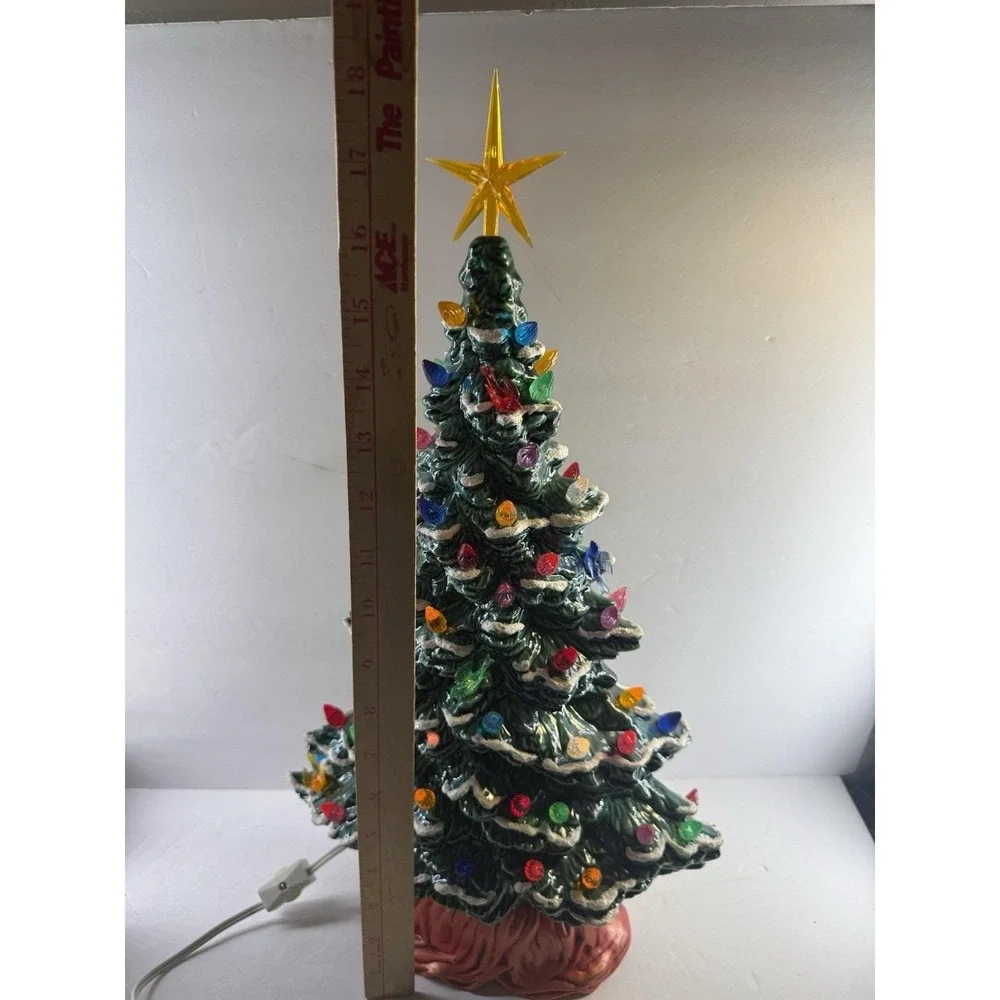 Vintage 1987 Lighted Ceramic Christmas Tree Snow Flocked Multi Color Bird Bulbs